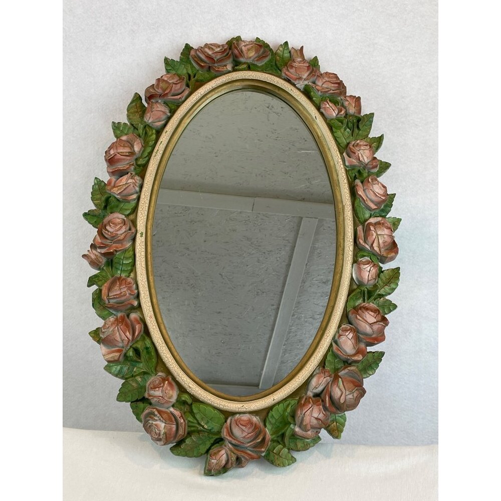 Vintage Home Interiors Oval Mirror Victorian Cottage Pink Roses 27" X 19"